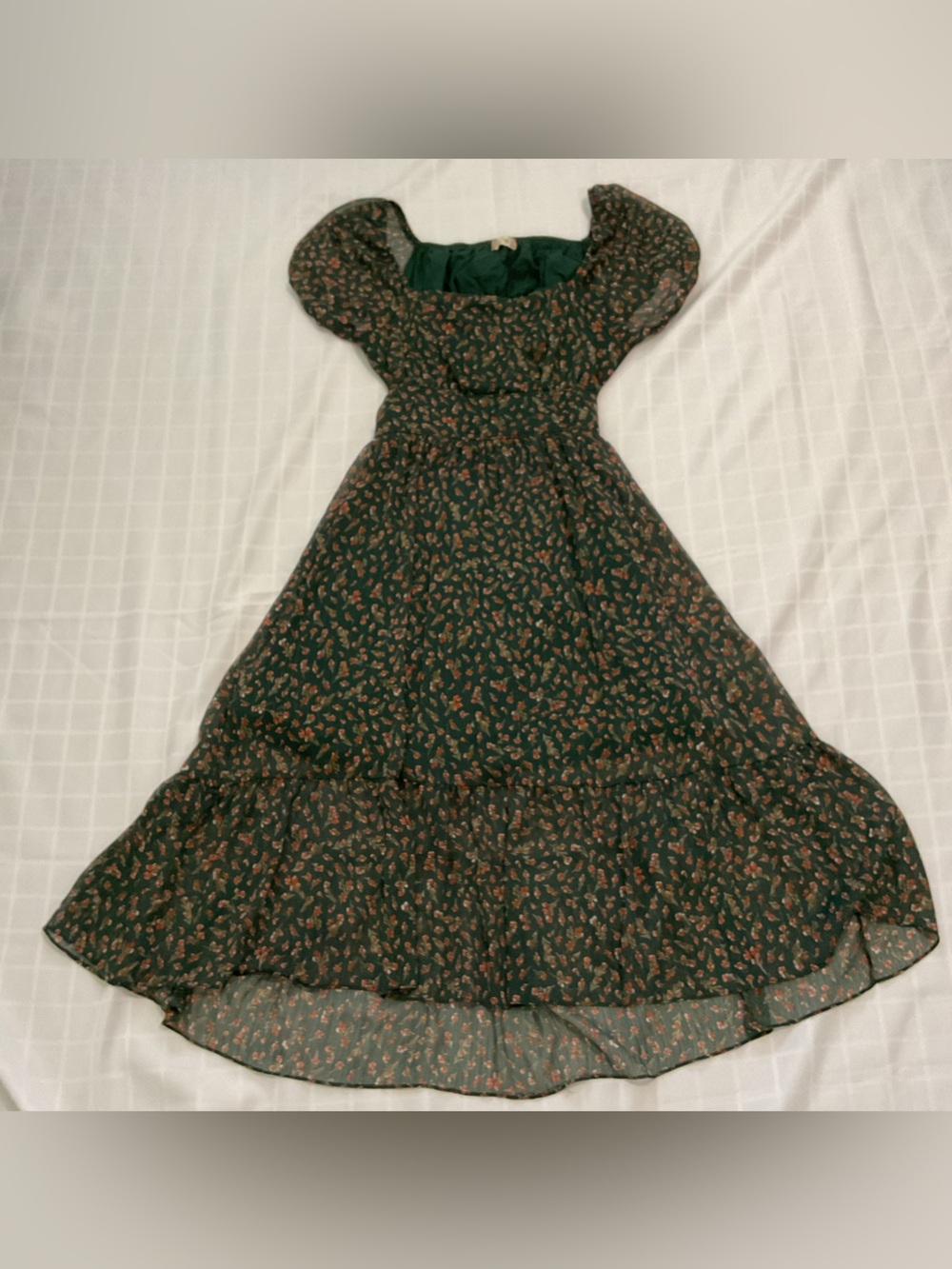 Dark Green Boho Coquette Ditsy Floral Midi Square neckline Smocked bodice Size L
